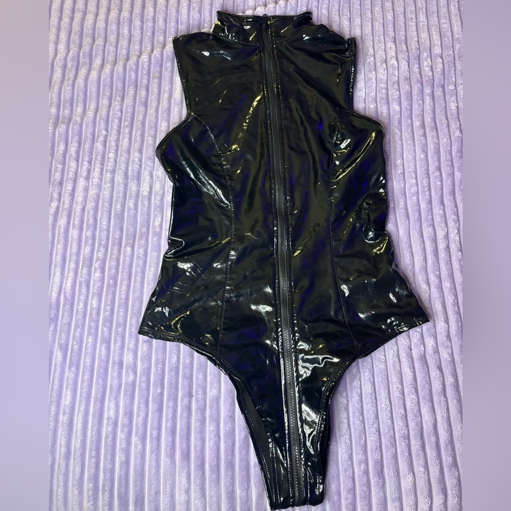 Black faux leather vinyl bodysuit